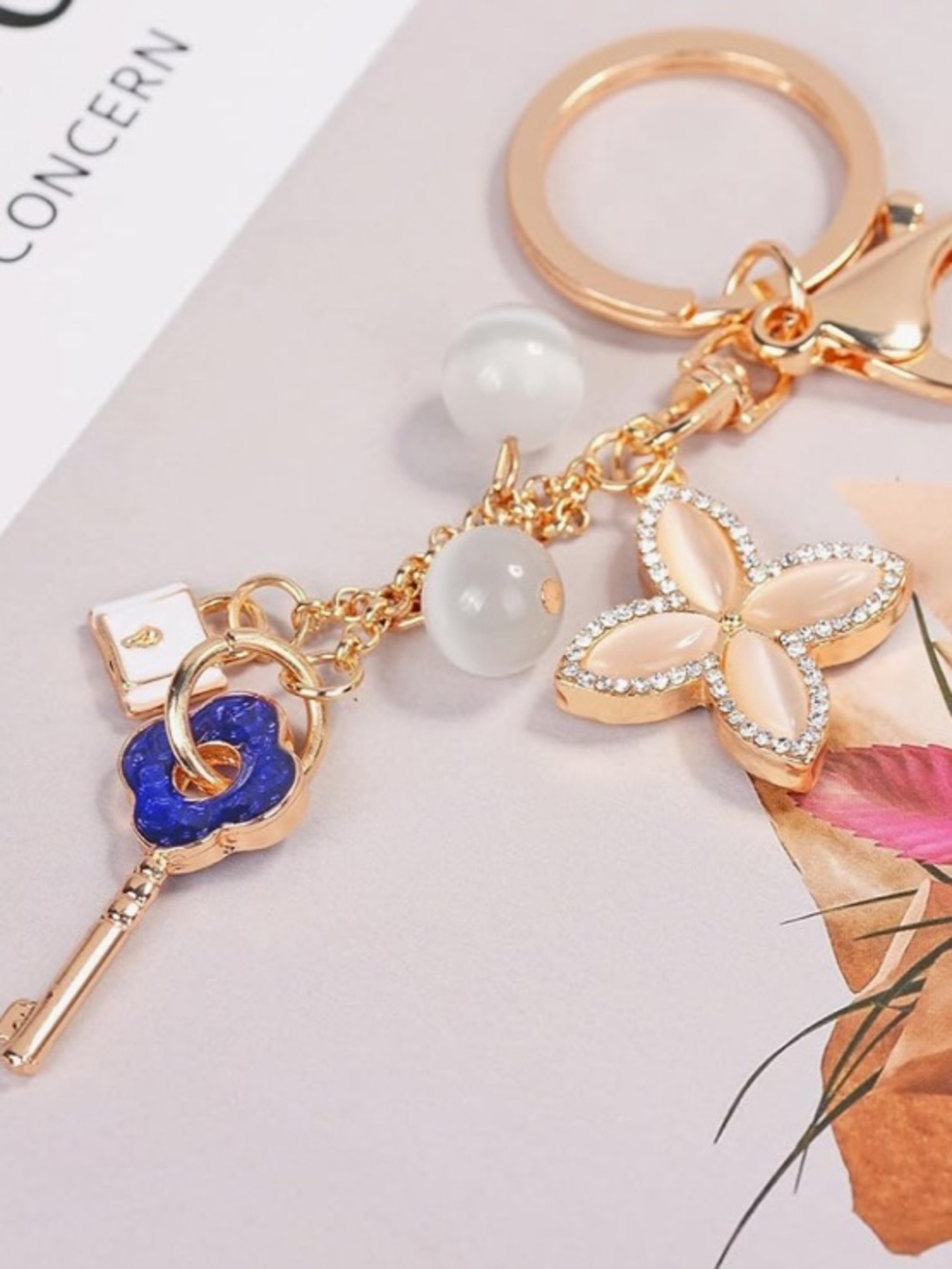 Floral Enamel bag/purse charm Keychain with lock & key